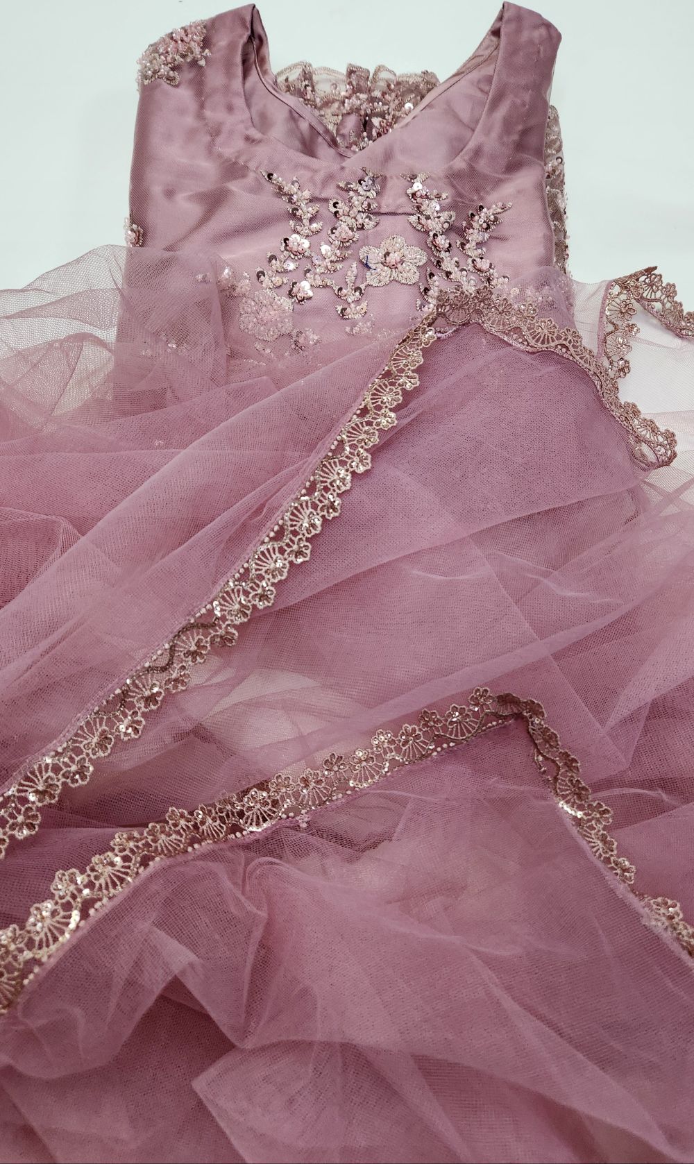 Dusty Pink Embroidered Net Pleated Lehenga -Stitched 3pc- RW3-35