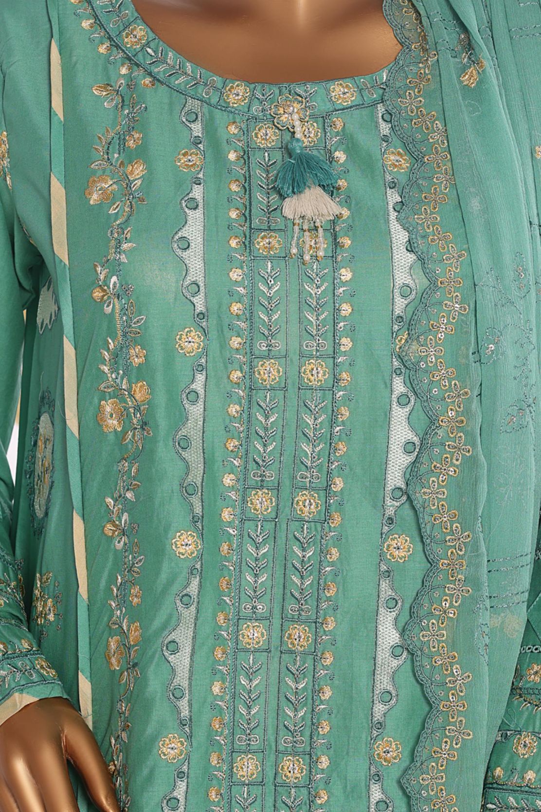 Bin Saeed light green stitched 3pc - embroidery detail close-up