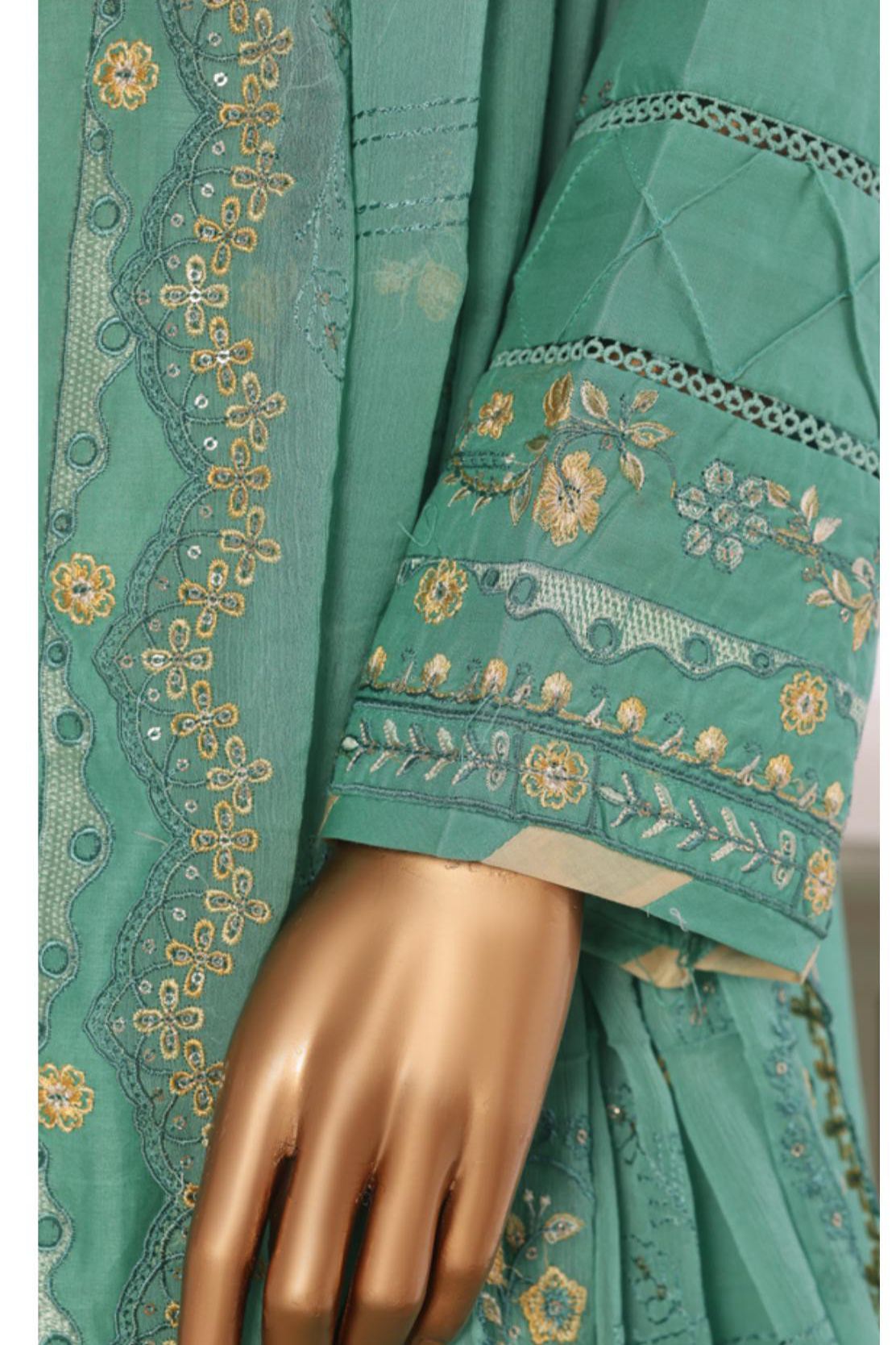 Light green cotton 3pc suit - close-up of dupatta and Sleeve