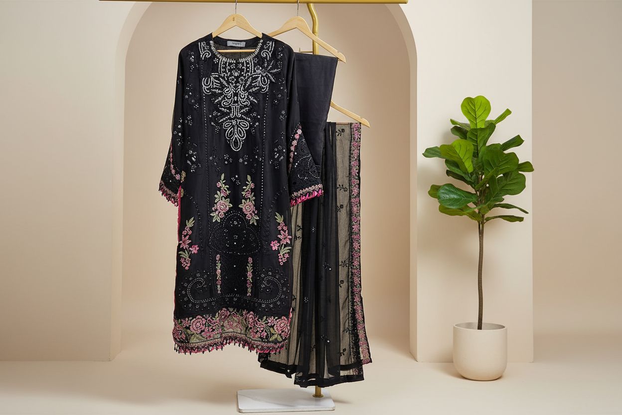 Maria B Inspired Embroidered Black Chiffon Stitched 3pc- RW3-28