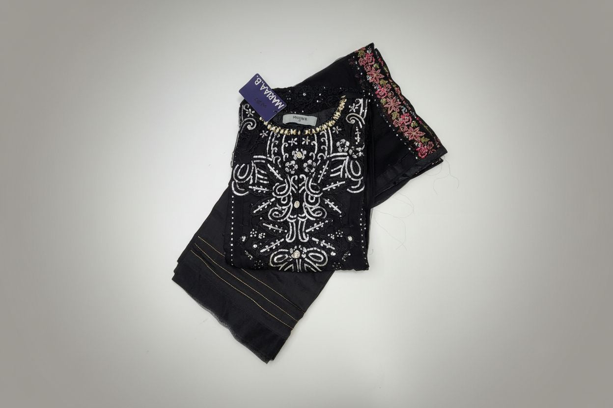 Maria B Inspired Embroidered Black Chiffon Stitched 3pc- RW3-28