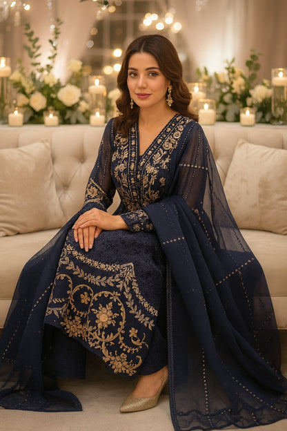 Maria B Inspired Embroidered Navy blue Chiffon Stitched 3pc -RW3-25