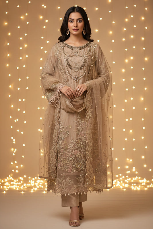 Maria.B Inspired Beige Embroidered Chiffon Suit – Stitched 3pc - RW3-106
