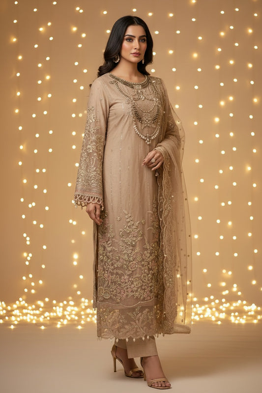 Maria.B Inspired Beige Embroidered Chiffon Suit – Stitched 3pc - RW3-106