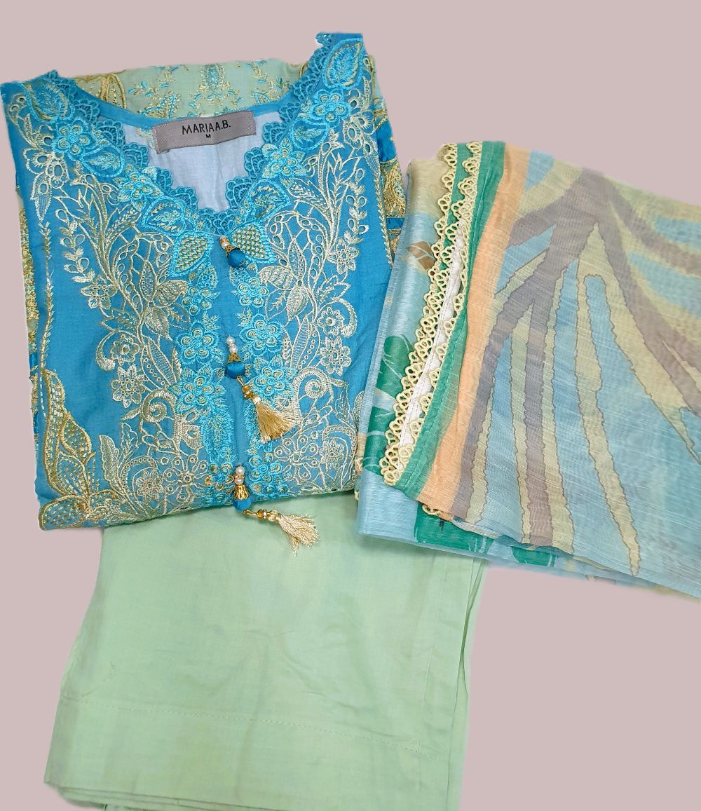 Maria B Inspired Green Embroidered Cotton Lawn Suit – Stitched 3pc-RW3-151