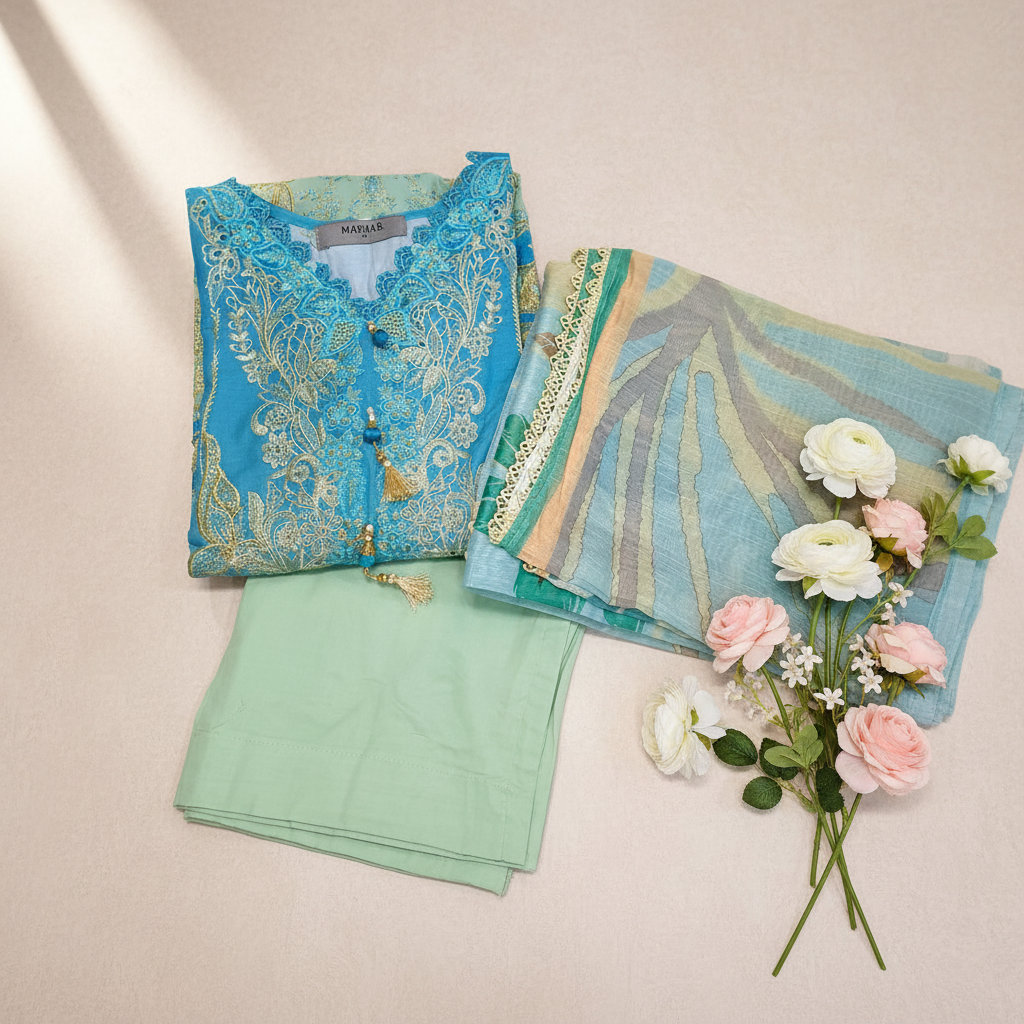 Maria B Inspired Green Embroidered Cotton Lawn Suit – Stitched 3pc-RW3-151
