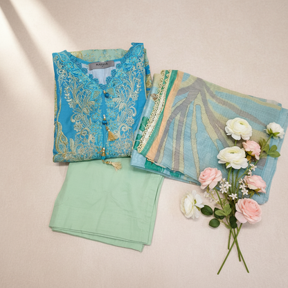 Maria B Inspired Green Embroidered Cotton Lawn Suit – Stitched 3pc-RW3-151