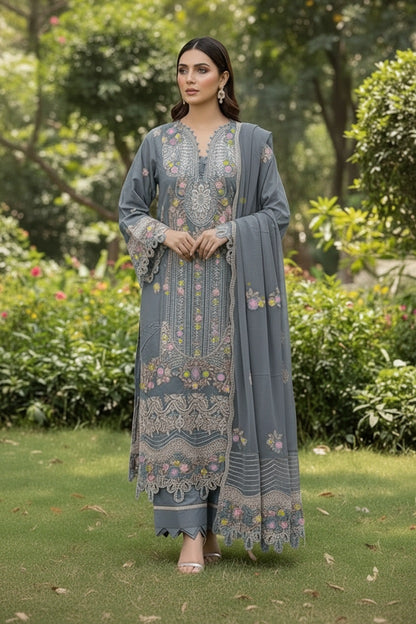 Maria B Inspired Grey Embroidered Lawn Cotton Suit–Stitched 3pc-RW3- 85