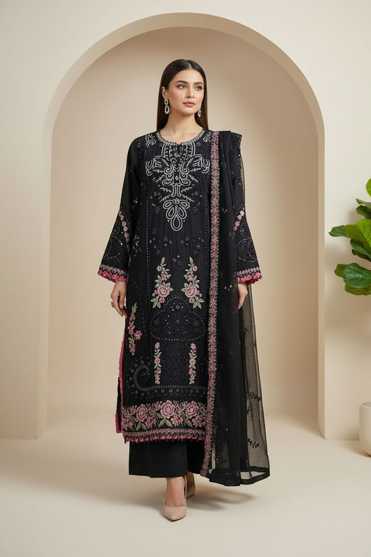 Maria B Inspired Embroidered Black Chiffon Stitched 3pc- RW3-28