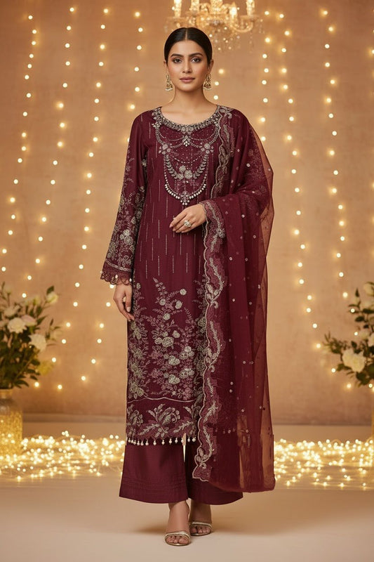 Maria.B Inspired Maroon Embroidered Chiffon Suit – Stitched 3pc - RW3-104