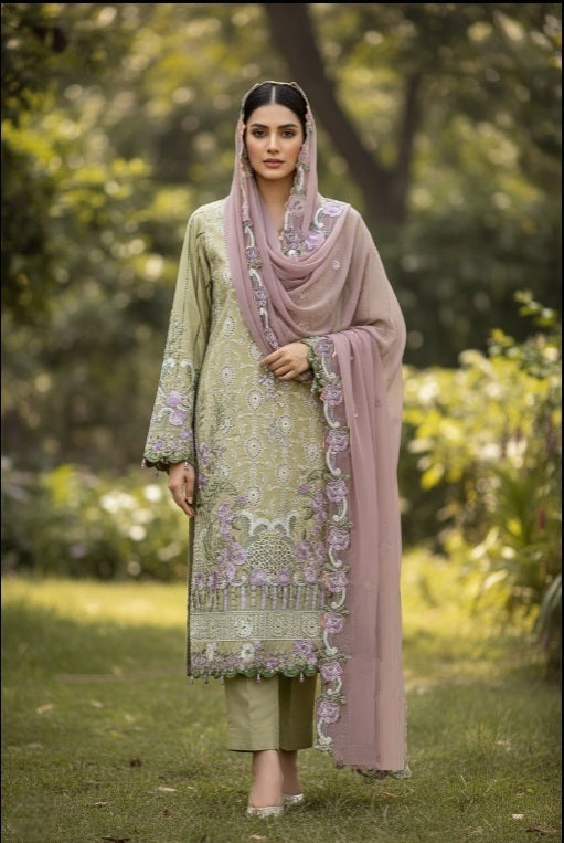 Agha Noor Inspired Green Embroidered Lawn Cotton Suit – Stitched 3pc-RW3-95