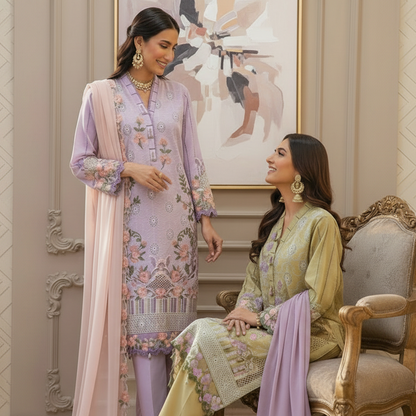 Agha Noor Inspired Purple Embroidered Lawn Cotton Suit–Stitched 3pc-RW3-96