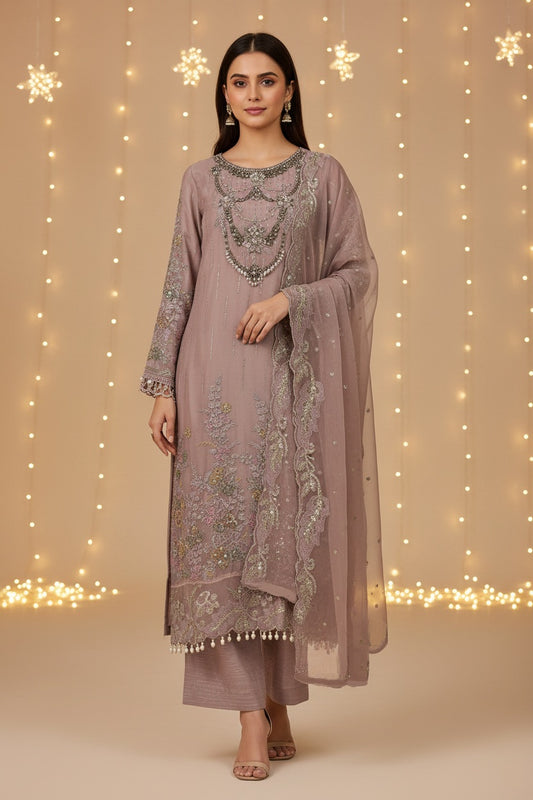 Maria.B Inspired Pink Embroidered Chiffon Suit – Stitched 3pc - RW3-105