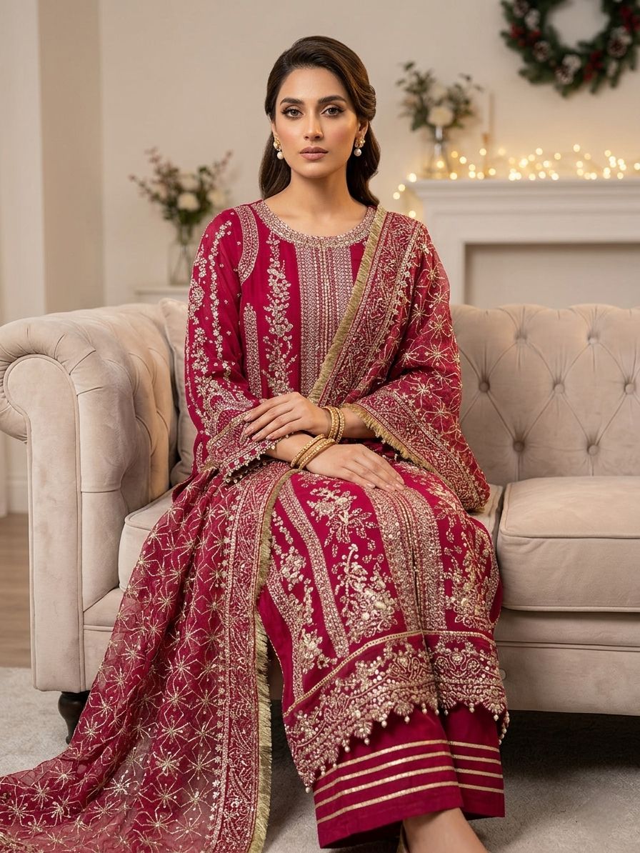 Maria B Inspired Pink Embroidered Chiffon suit–Stitched 3pc-RW3-76
