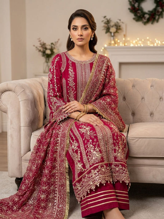 Maria B Inspired Pink Embroidered Chiffon suit–Stitched 3pc-RW3-76