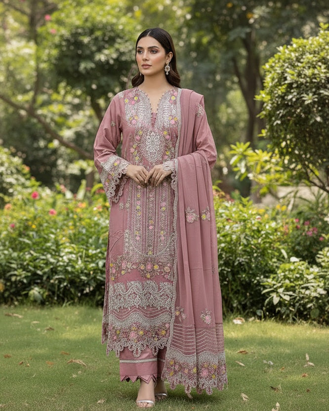 Maria B Inspired Pink Embroidered Lawn Cotton Suit–Stitched 3pc-RW3- 84