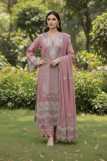 Maria B Inspired Pink Embroidered Lawn Cotton Suit–Stitched 3pc-RW3- 84