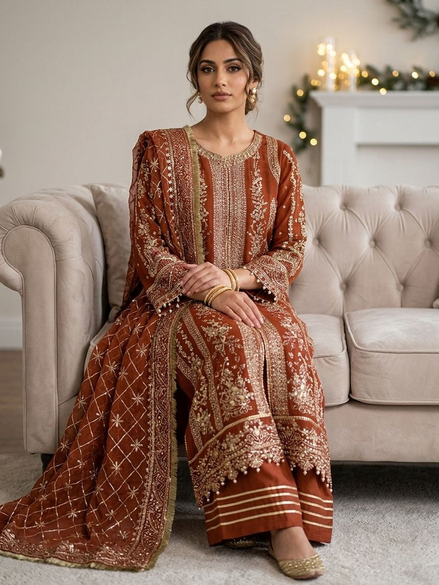 Maria B Inspired Rust Embroidered Chiffon –Stitched 3pc-RW3-75