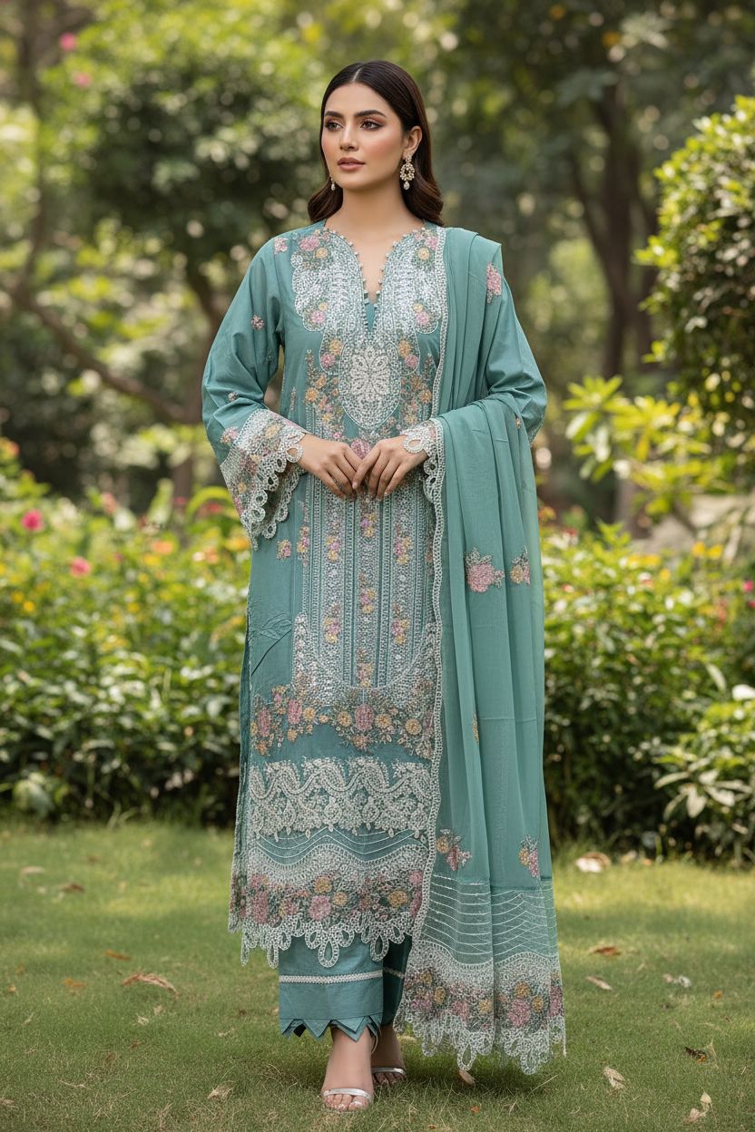 Maria B Inspired Sea Green Embroidered Lawn Cotton Suit–Stitched 3pc-RW3-83