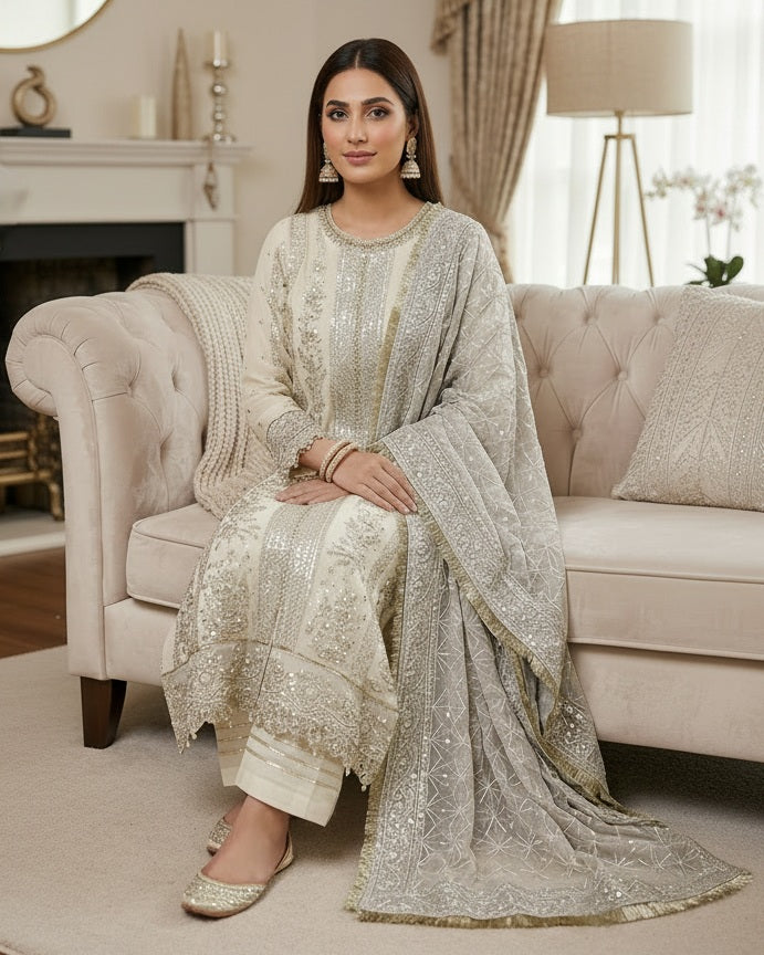 Maria B Inspired Cream Embroidered Chiffon Suit–Stitched 3pc-RW3-77
