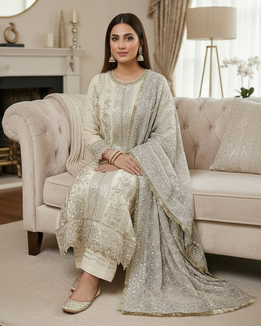 Maria B Inspired Cream Embroidered Chiffon Suit–Stitched 3pc-RW3-77