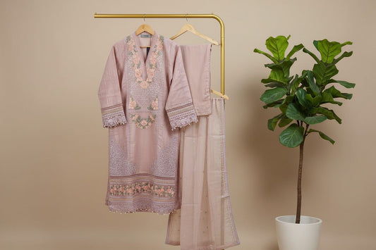 Maria B Inspired Embroidered Mauve Khadi Net Stitched 3pc - RW3-32