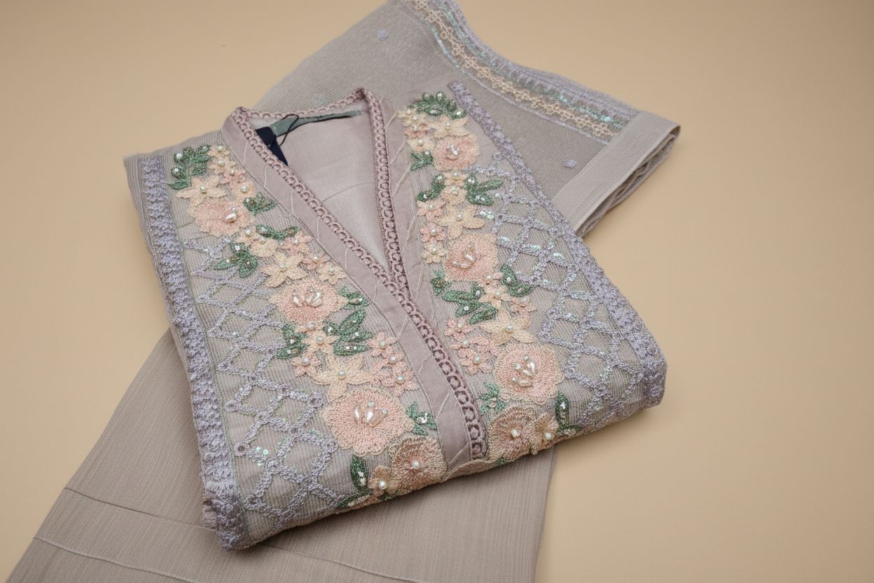 Maria B Inspired Embroidered Mauve Khadi Net Stitched 3pc - RW3-32