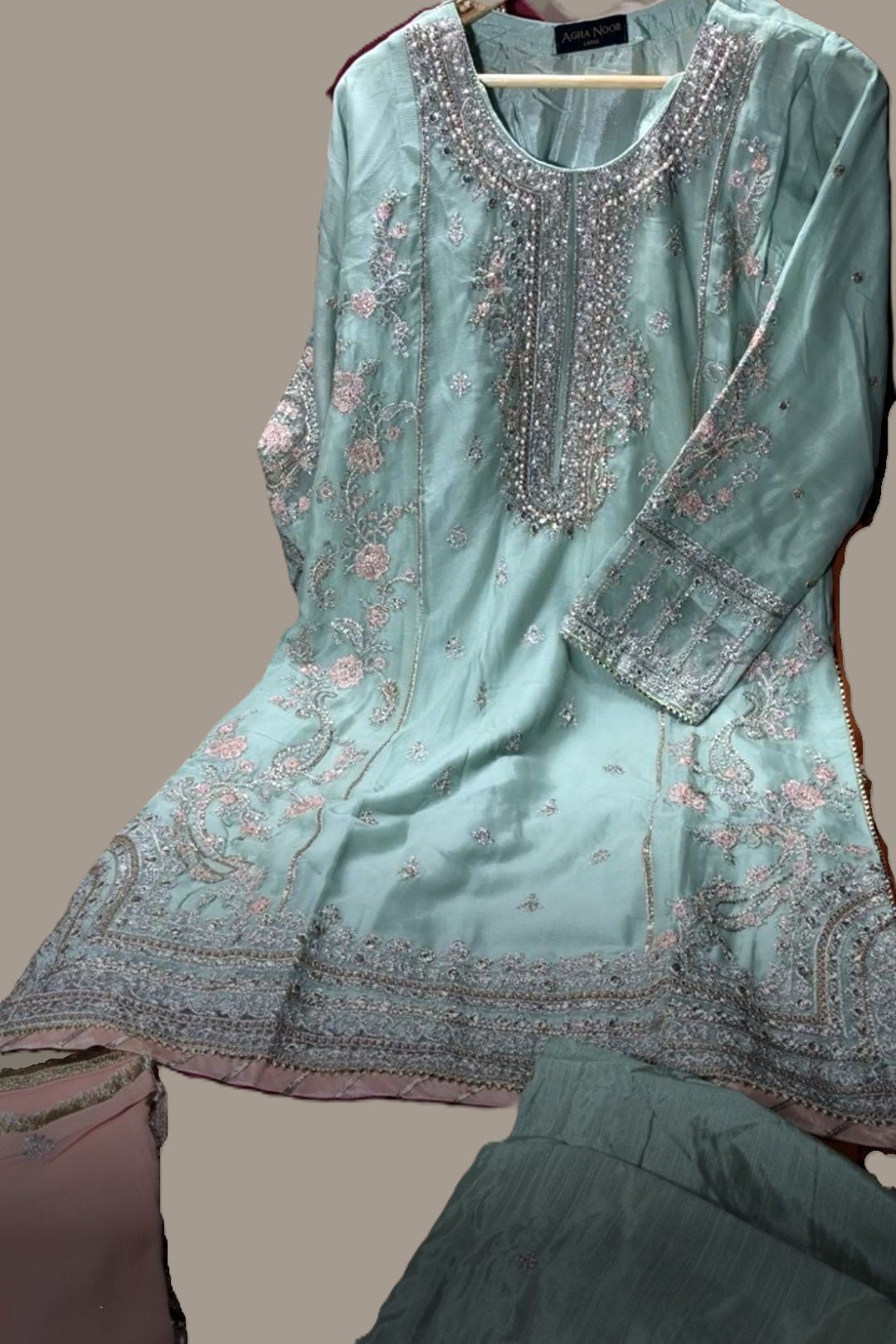 Agha Noor Inspired Green Embroidered Chiffon –Stitched 3pc-RW3-79