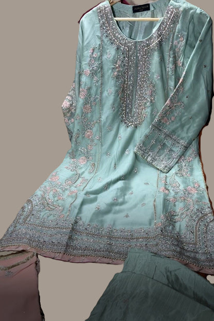 Agha Noor Inspired Green Embroidered Chiffon –Stitched 3pc-RW3-79