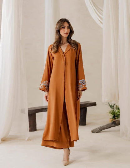 Mustard embroidered cotton georgette 2-piece stitched suit with Western coat collar and palazzo pants