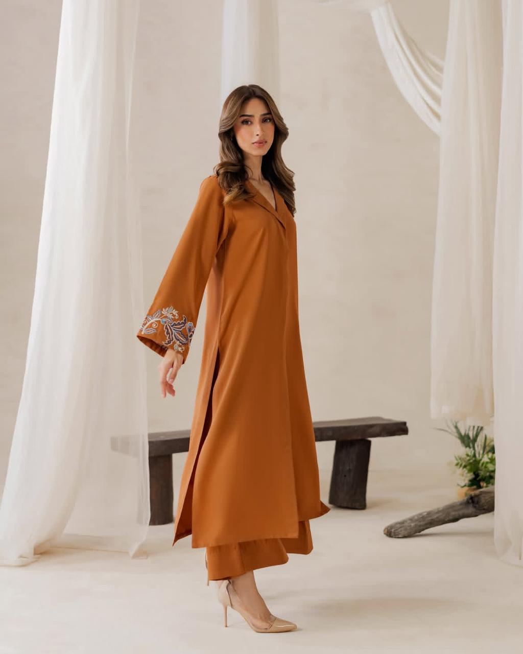 Embroidered cotton georgette ready-to-wear suit showing intricate sleeve embroidery detail