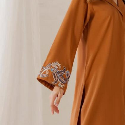 Mustard cotton georgette 2PC stitched suit close-up view
