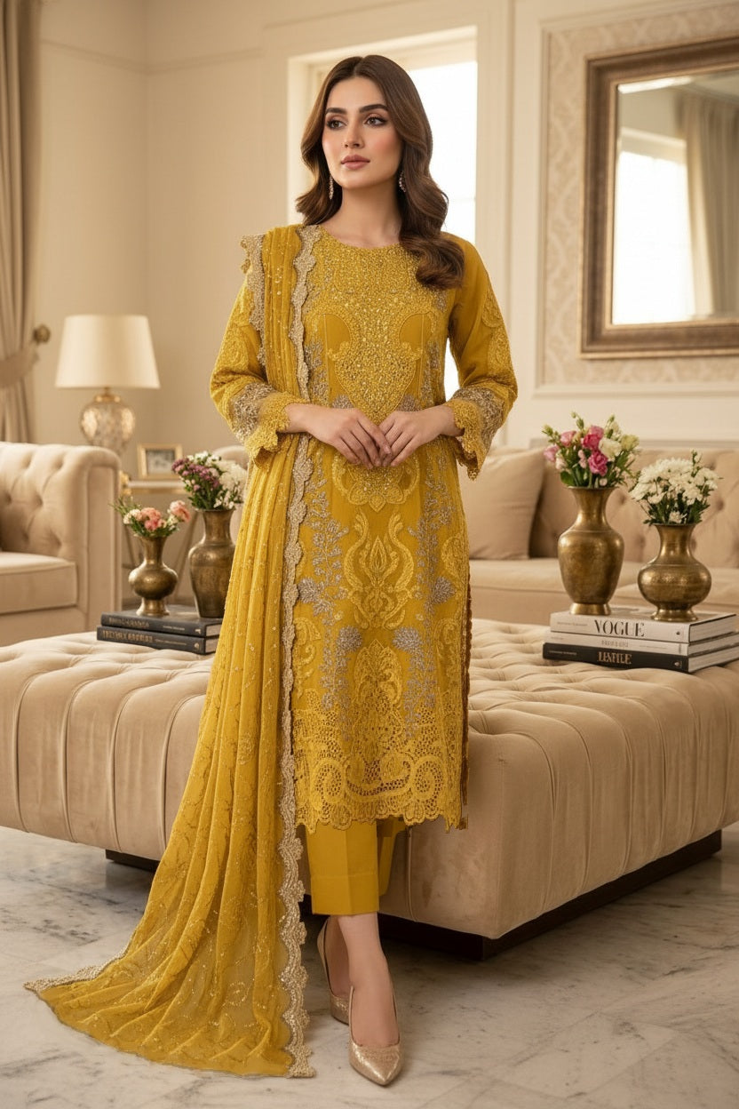 Maria B Inspired Mustard Embroidered Chiffon Suit – Stitched 3pc-RW3-119