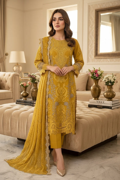 Maria B Inspired Mustard Embroidered Chiffon Suit – Stitched 3pc-RW3-119