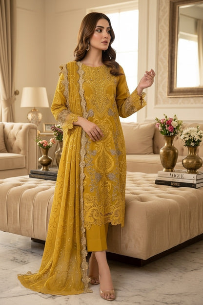 Maria B Inspired Mustard Embroidered Chiffon Suit – Stitched 3pc-RW3-119