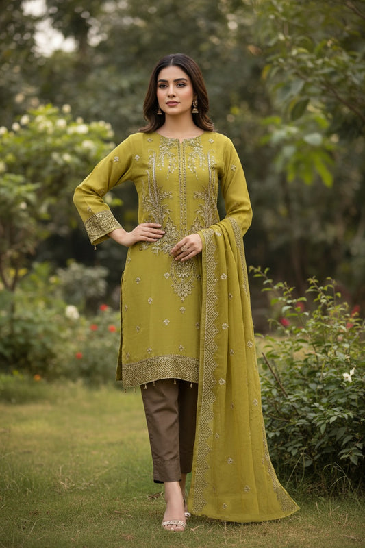 Emboridered Mustard Organza stitched 3pc-RW3-70