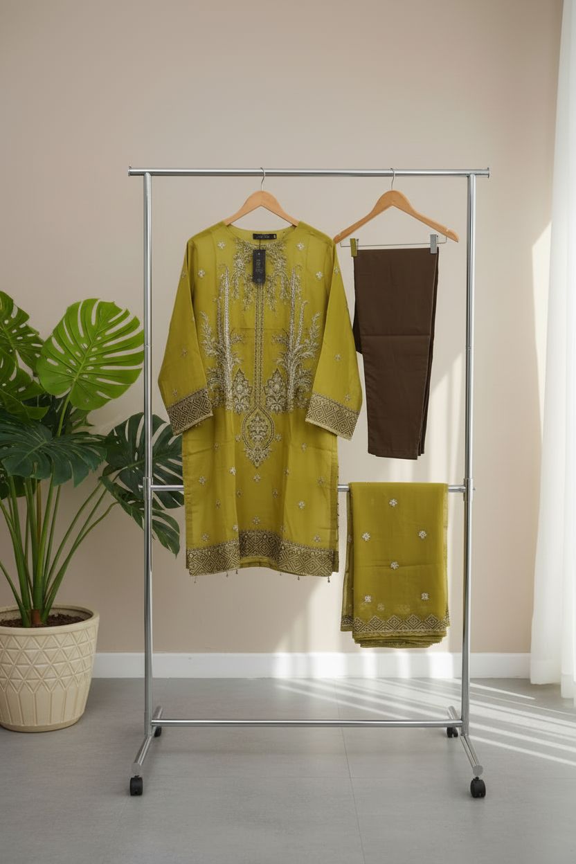 Emboridered Mustard Organza stitched 3pc-RW3-70