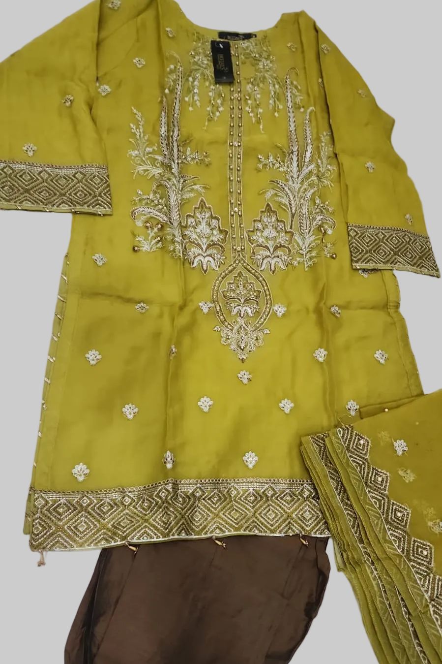 Emboridered Mustard Organza stitched 3pc-RW3-70