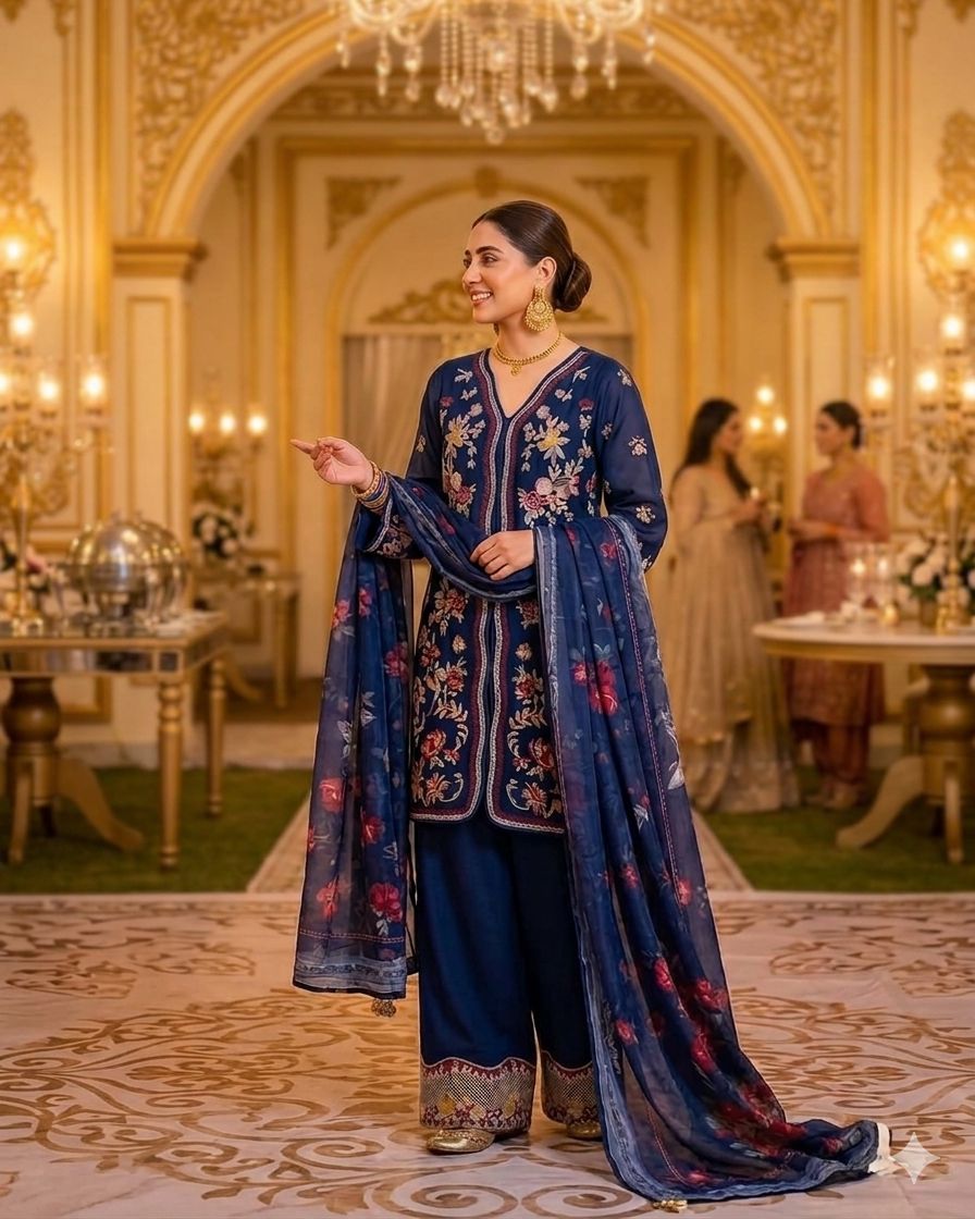 Maria B Inspired Navy Embroidered Lawn Cotton Suit–Stitched 3pc-RW3-91