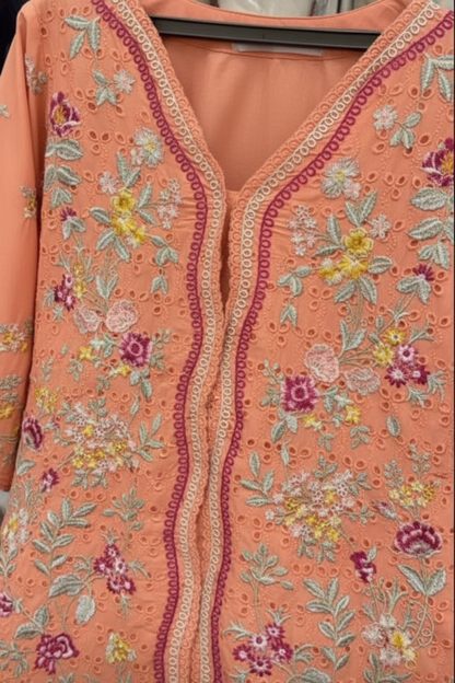 Maria B Inspired Coral Pink Embroidered Lawn Cotton Suit–Stitched 3pc-RW3- 92