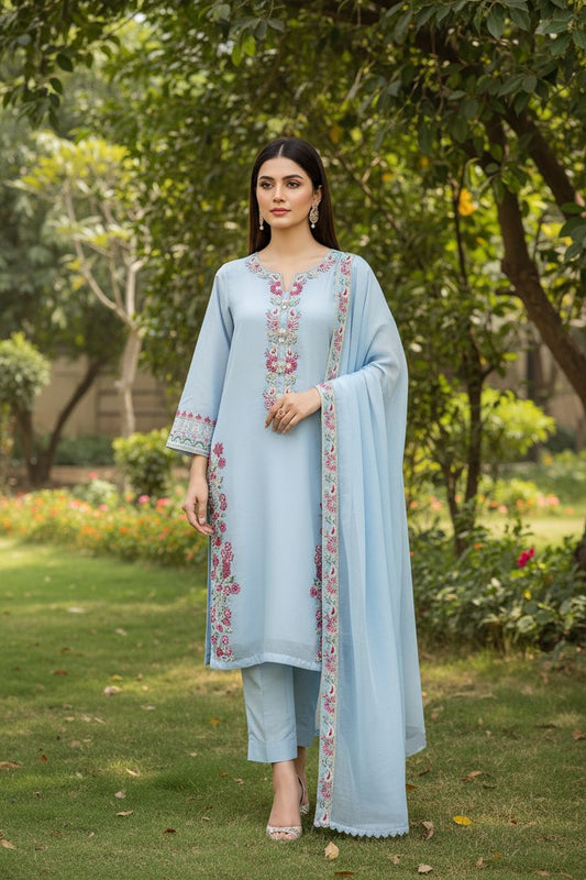 Embroidered Light Blue Net -Stitched 3pc- RW3-37