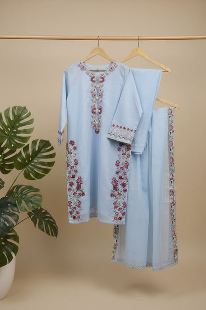 Embroidered Light Blue Net -Stitched 3pc- RW3-37