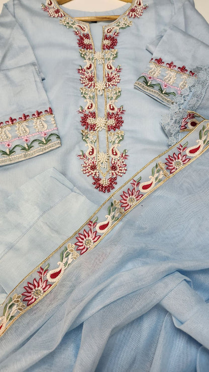 Embroidered Light Blue Net -Stitched 3pc- RW3-37
