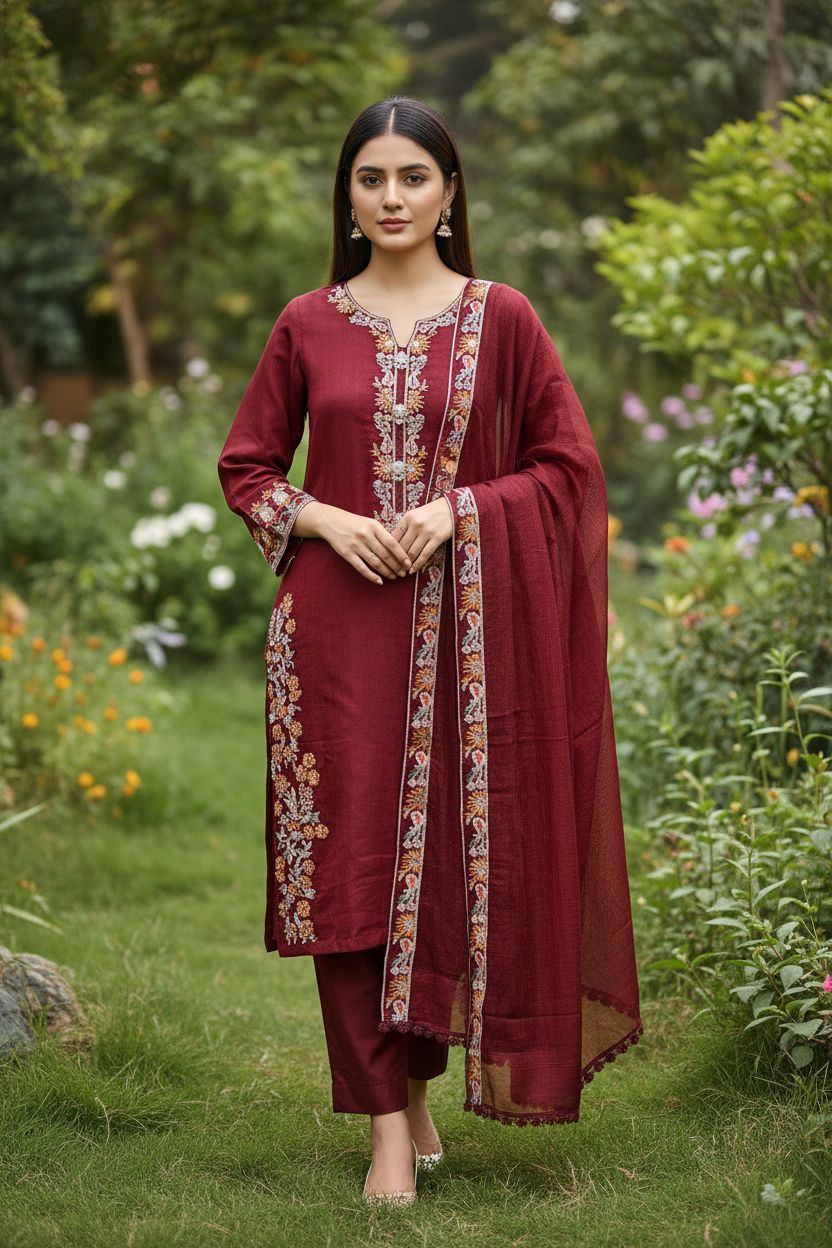 Embroidered Maroon Net -Stitched 3pc- RW3 -38