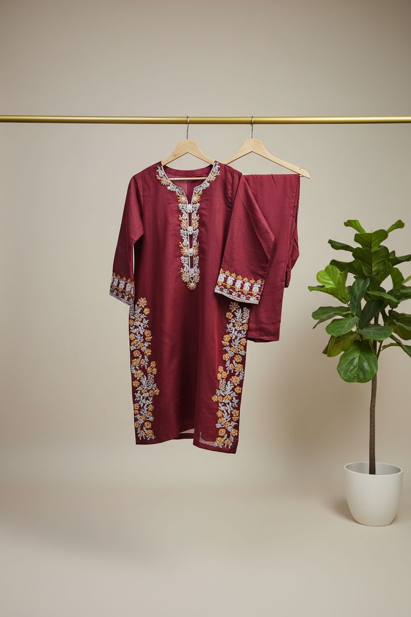 Embroidered Maroon Net -Stitched 3pc- RW3 -38