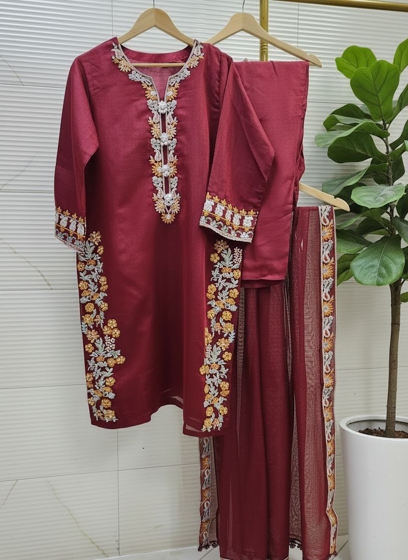 Embroidered Maroon Net -Stitched 3pc- RW3 -38