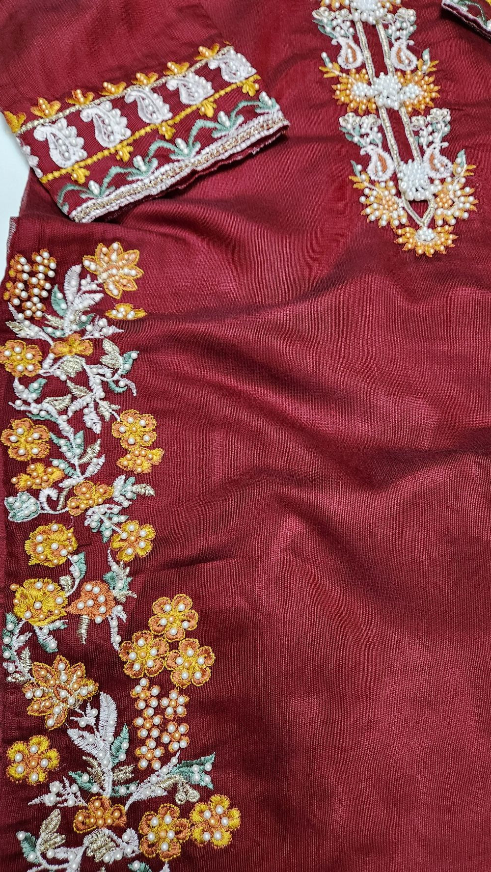Embroidered Maroon Net -Stitched 3pc- RW3 -38