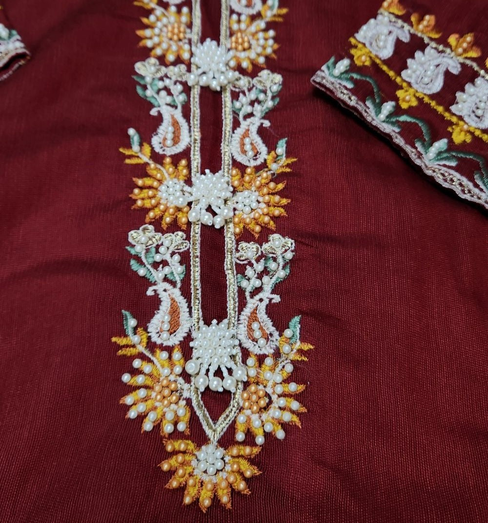 Embroidered Maroon Net -Stitched 3pc- RW3 -38