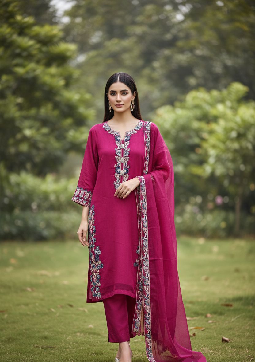 Embroidered Net Pink-Stitched 3pc- RW3-39