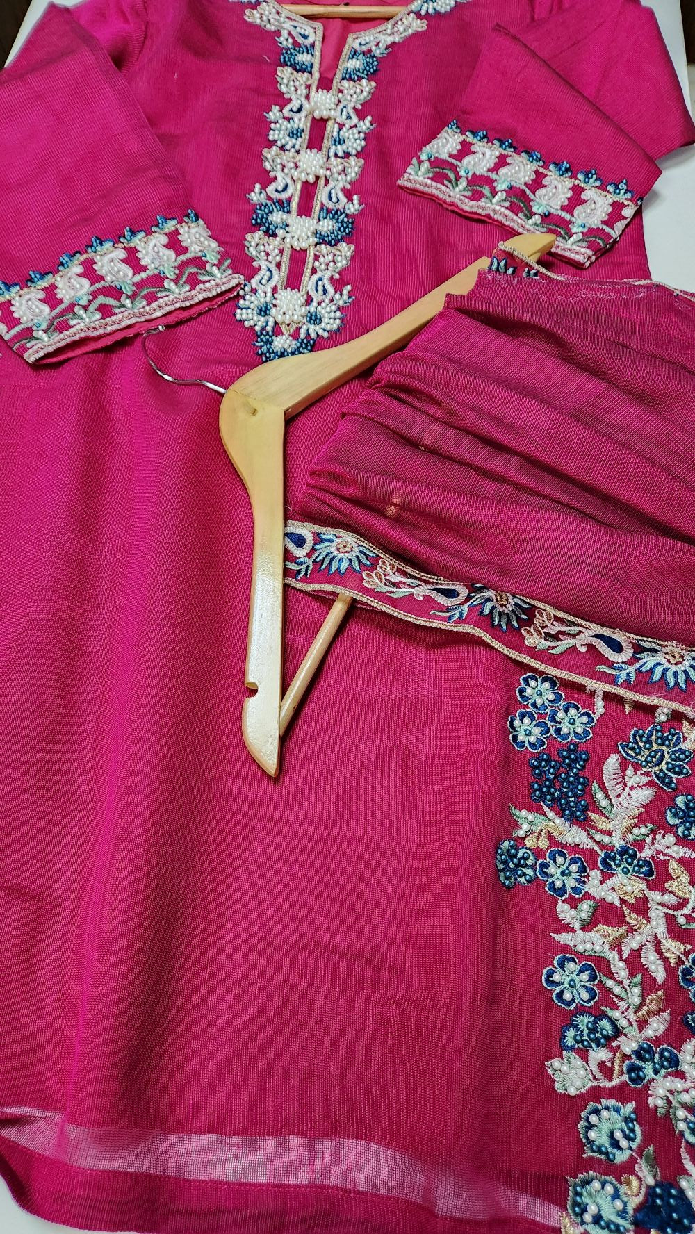 Embroidered Net Pink-Stitched 3pc- RW3-39